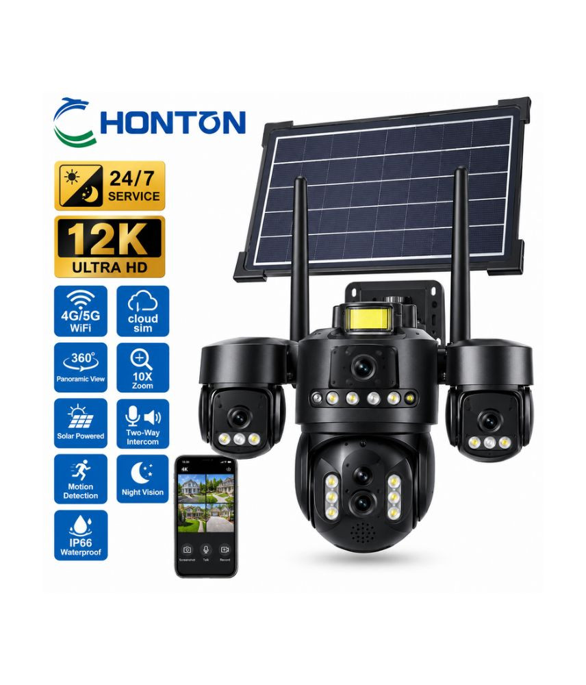 كاميرا مراقبة خارجية بالطاقة الشمسية HONTON رباعية العدسات 360° بدقة 12K
