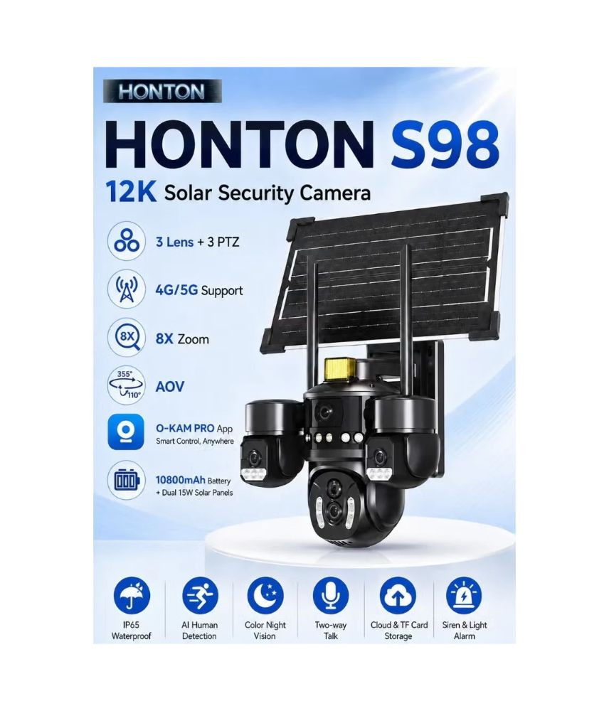 كاميرا مراقبة خارجية بالطاقة الشمسية HONTON رباعية العدسات 360° بدقة 12K